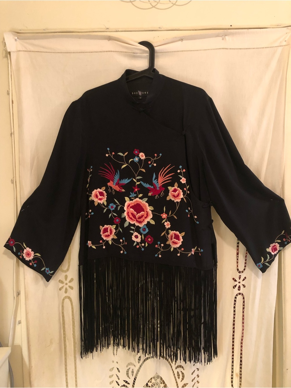 Sue Wong Black Embroidered Fringe Kimono Jacket with Pink & Blue Accent